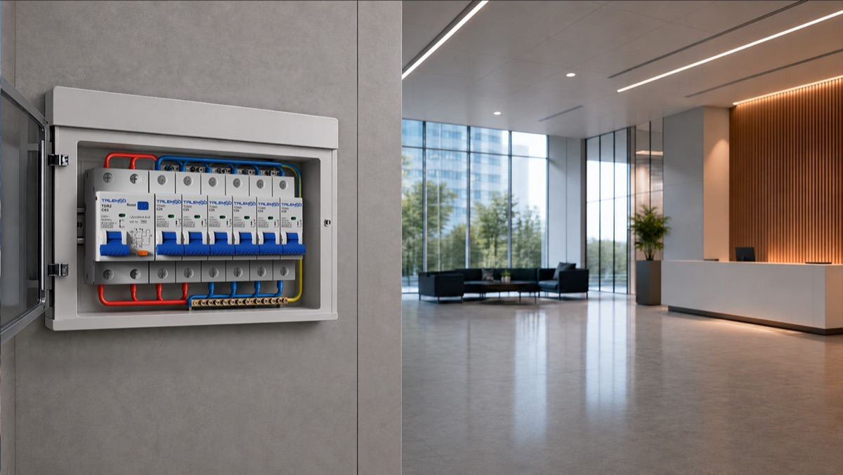 Smart building electrical distribution box installed in a modern interior