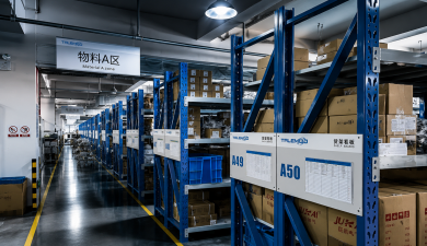 FIFO-managed warehouse aisle with identified material lots