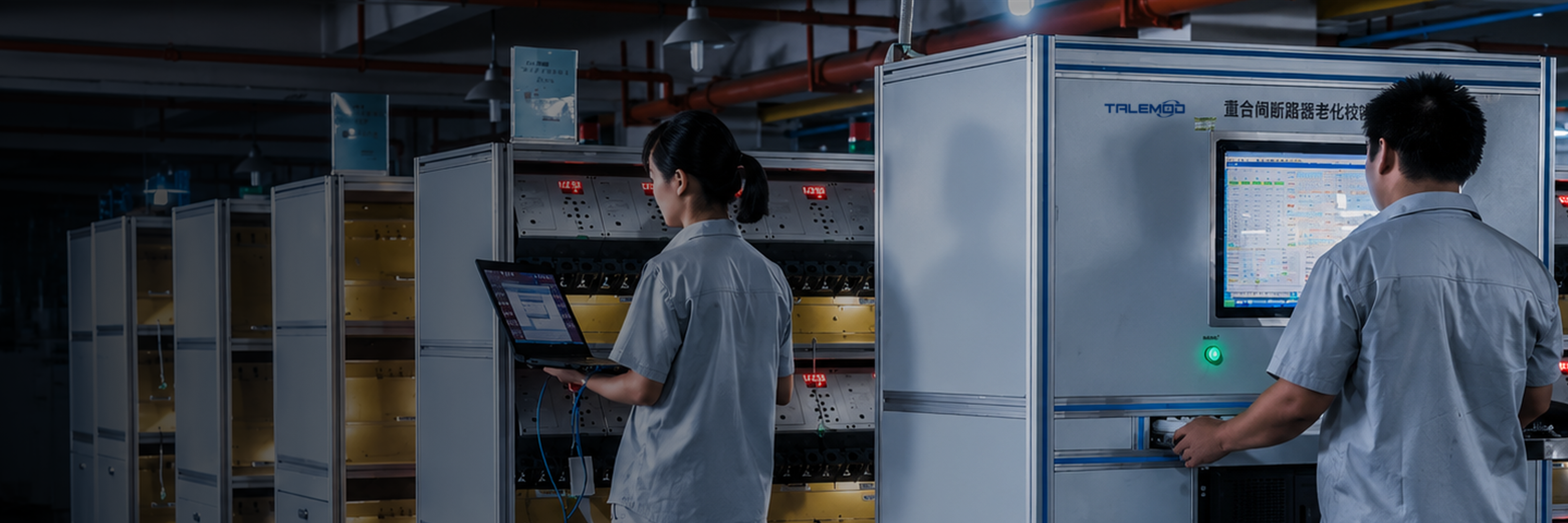 Talemod engineers operating circuit breaker quality-control test equipment
