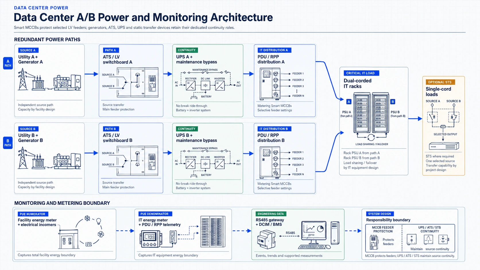 Data center A and B power architecture from utility and generators through ATS, LV switchboards, UPS systems and PDU or RPP distribution to dual-corded racks, with separate PUE meters and DCIM communication