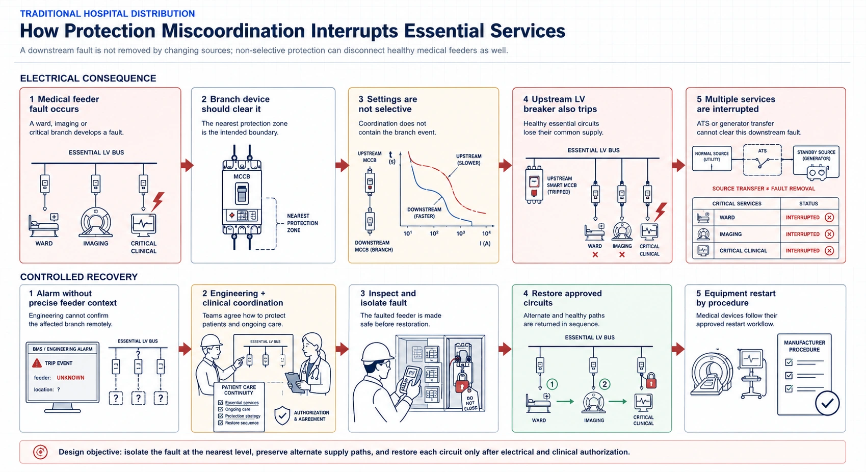Hospital protection miscoordination flow showing a downstream fault causing an upstream trip, wider loss of essential circuits, delayed diagnosis, and controlled restoration