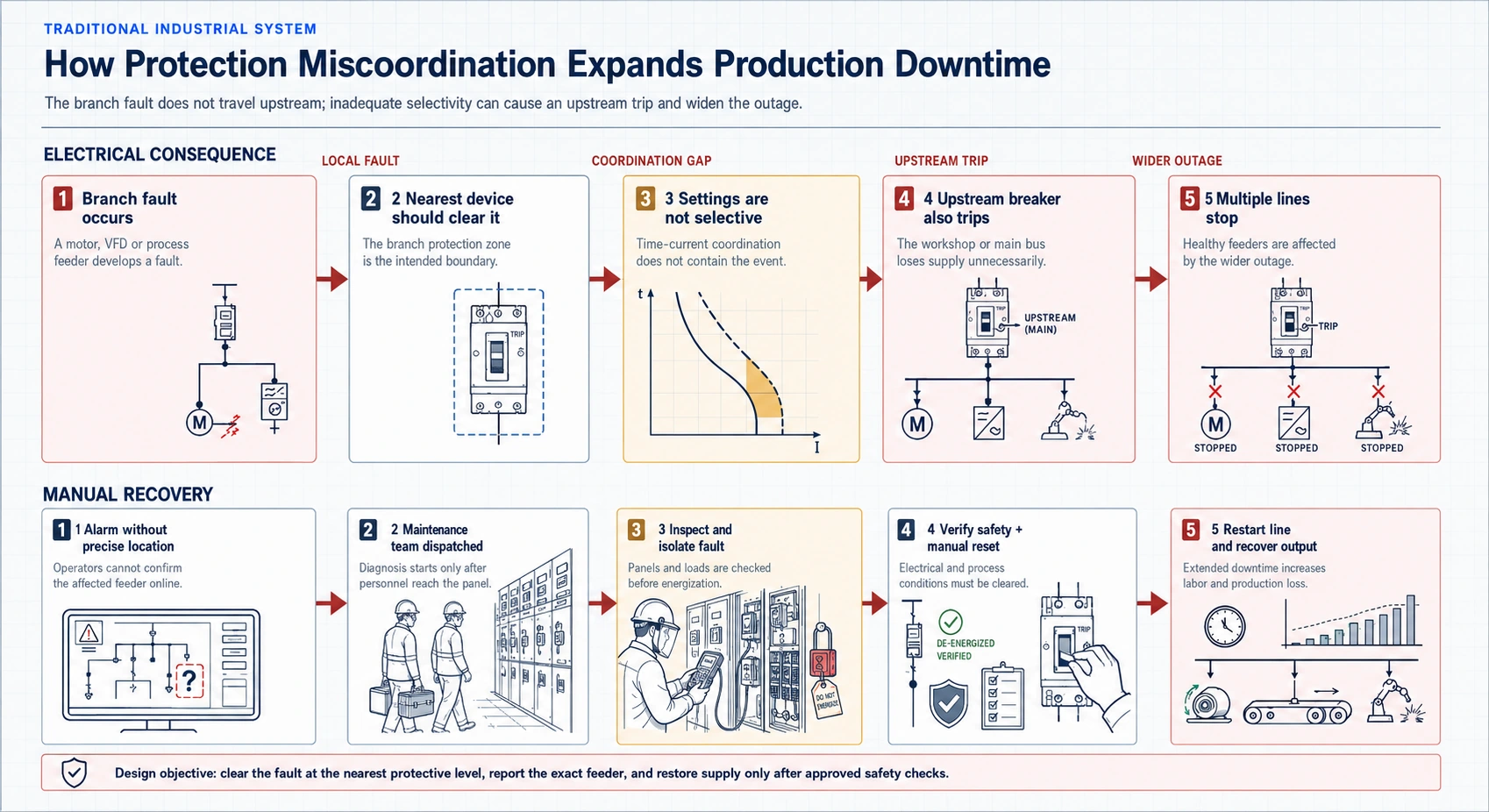 Industrial protection miscoordination flow showing a branch fault, coordination gap, upstream breaker trip, wider production outage, and manual restoration workflow